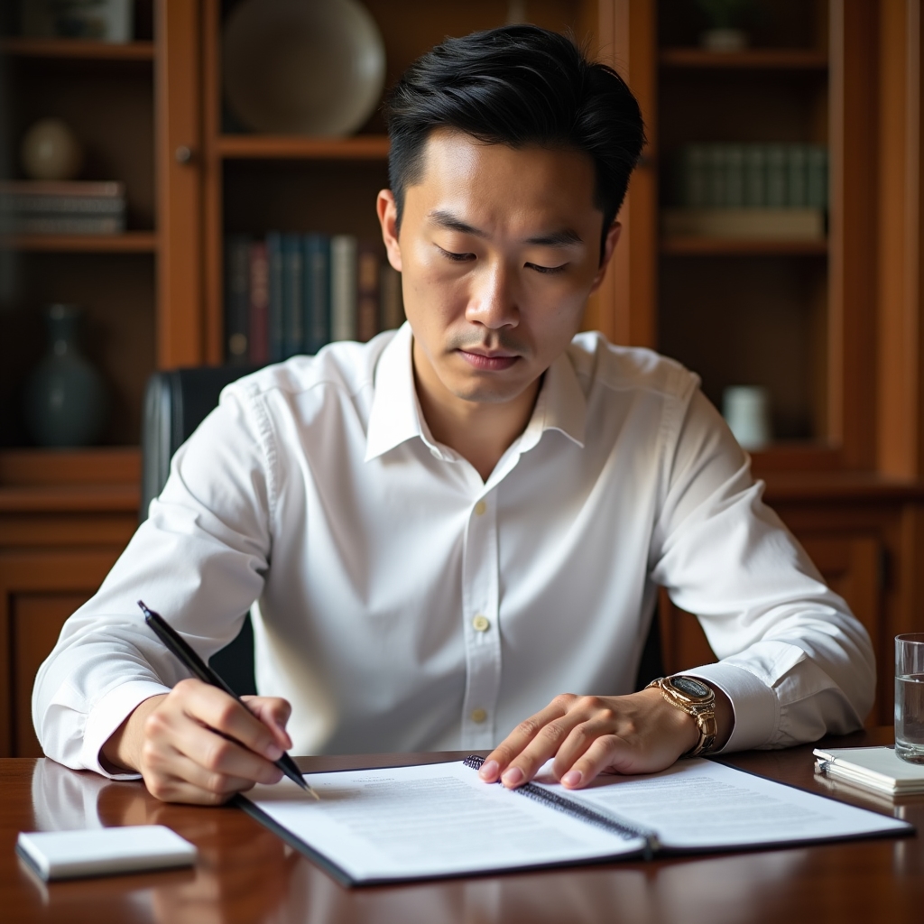 Professional carefully reviewing a client agreement document at a desk, pen in hand, in a quiet focused office environment with warm lighting