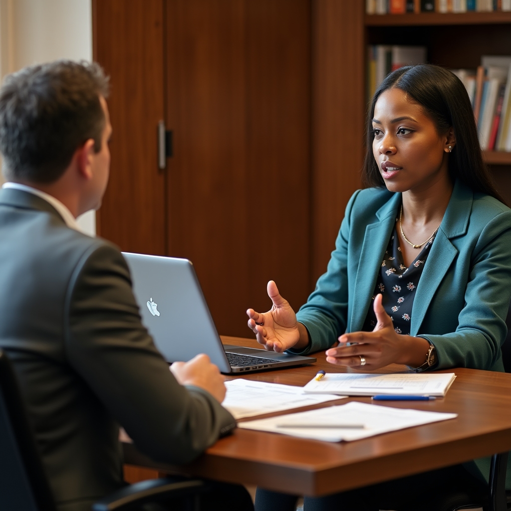Two professionals in a structured one-on-one discussion reviewing positioning documents in a well-lit conference room setting