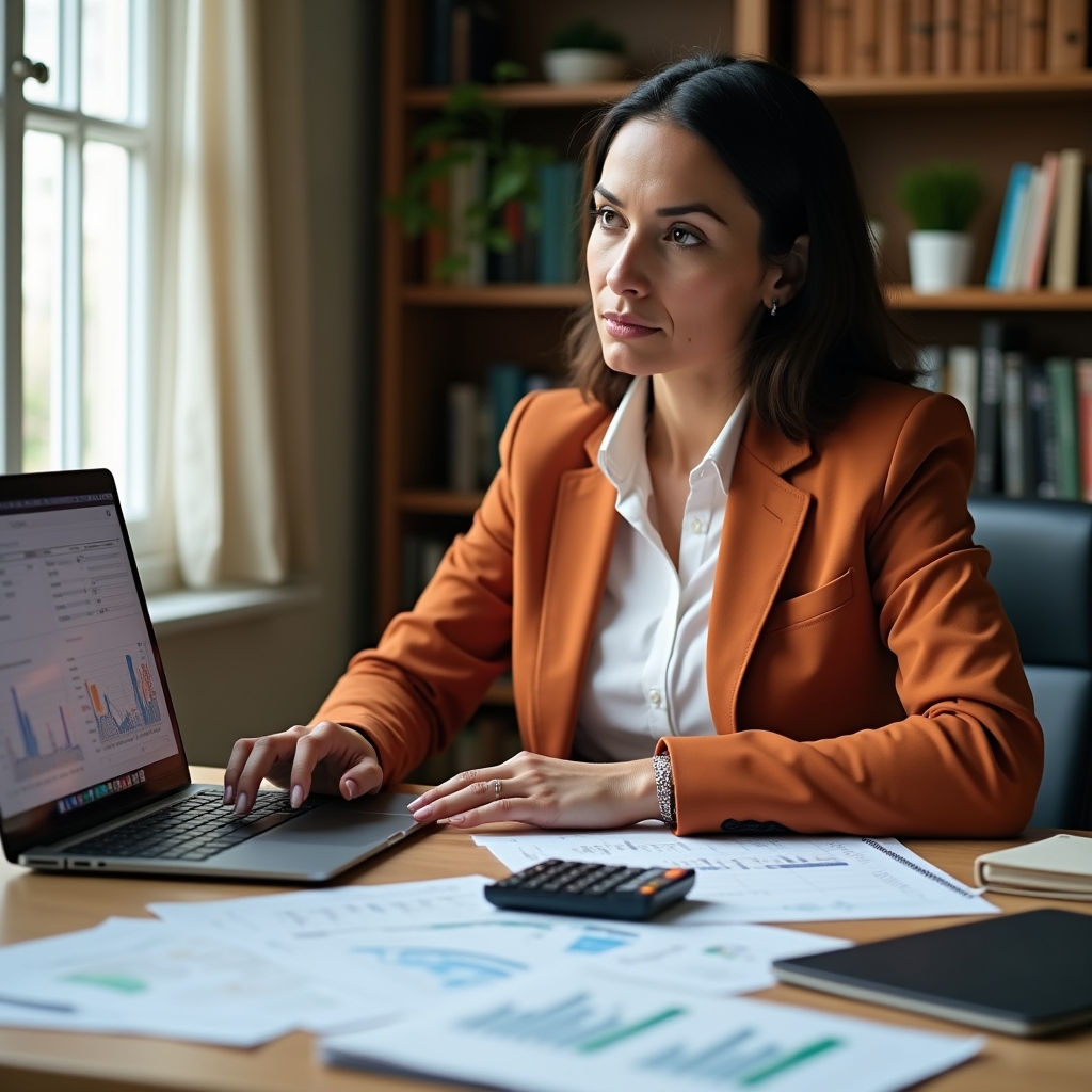 Professional reviewing financial planning spreadsheets and charts at a clean modern desk, focused expression, organized workspace with natural light