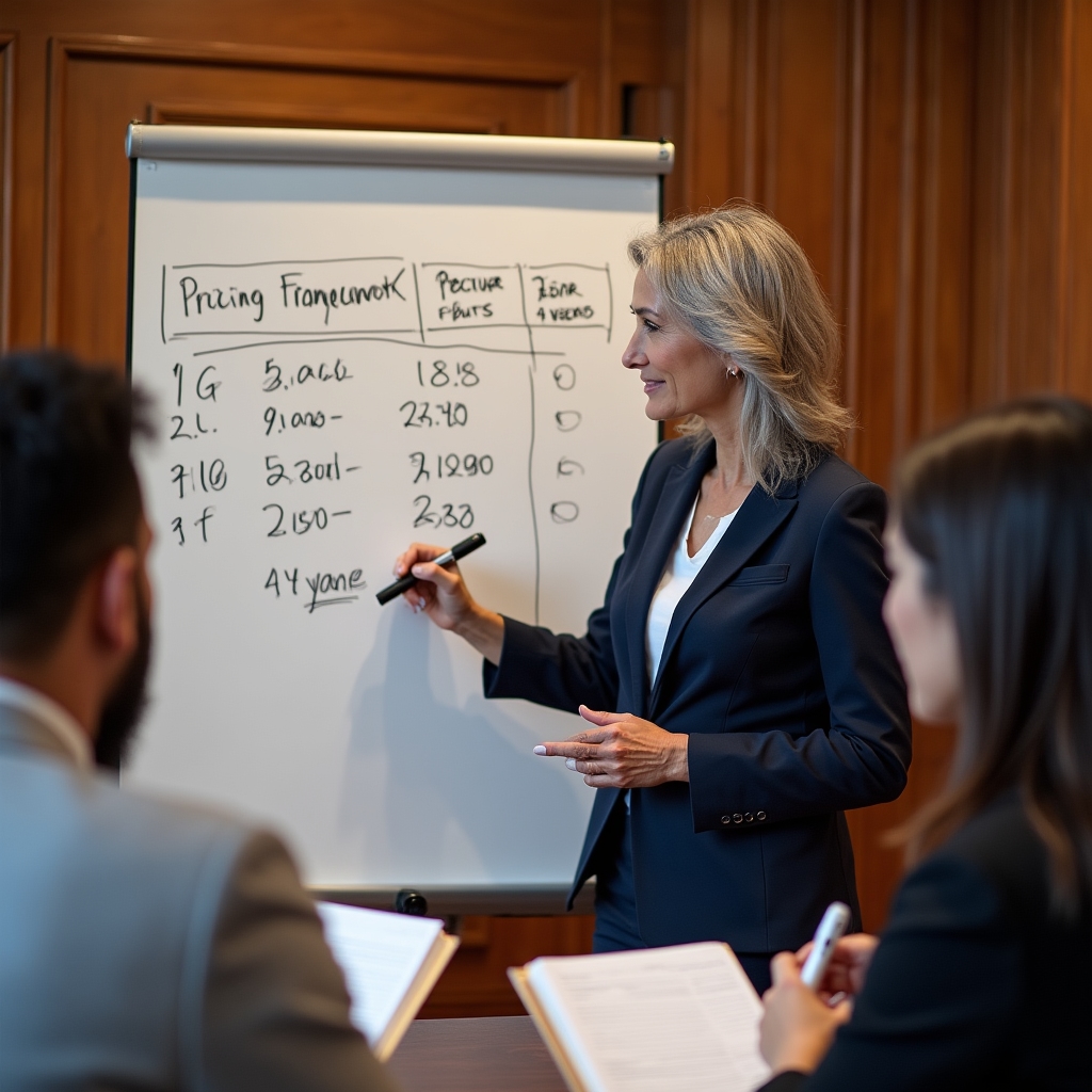 Professional writing pricing figures on a whiteboard during a focused workshop, with participants taking notes at a modern conference table