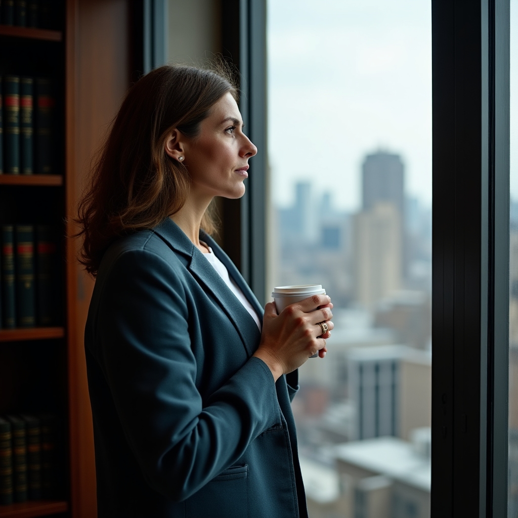 Mid-career professional looking thoughtfully out a window, contemplating career transition from corporate to independent work