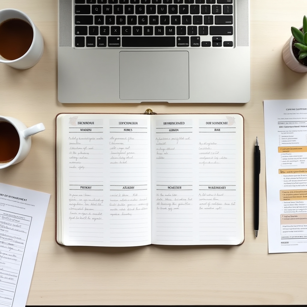 Clean modern workspace with program materials, notebook, and laptop showing structured twelve-week curriculum
