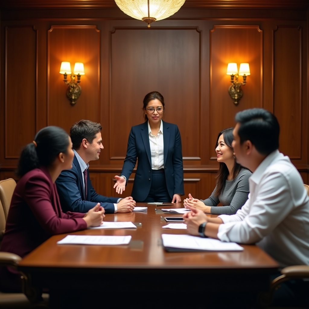 Small group of professionals in a focused workshop session around a conference table with structured program materials