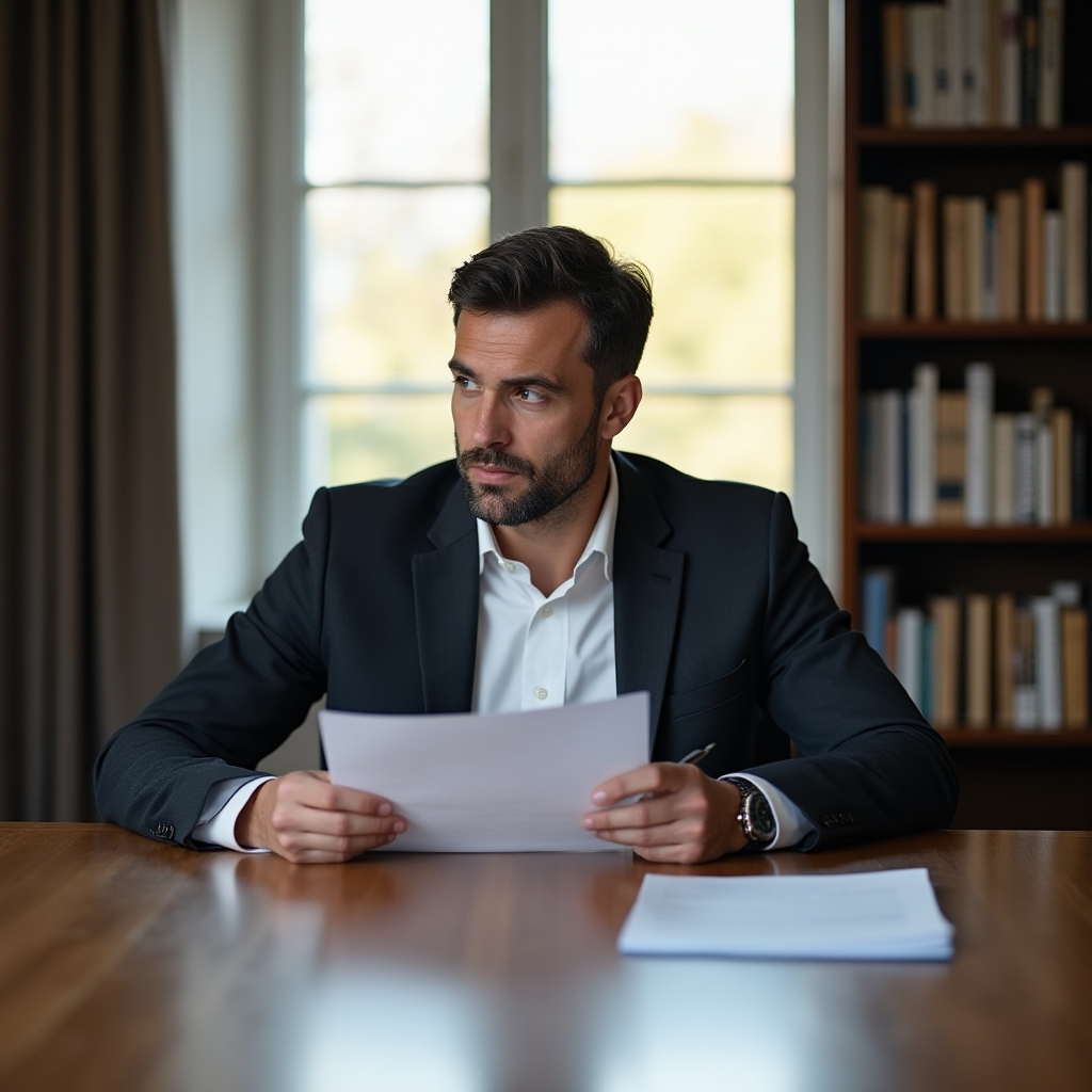Professional at a crossroads moment, reviewing documents and making notes in a quiet office, contemplating an independent career path